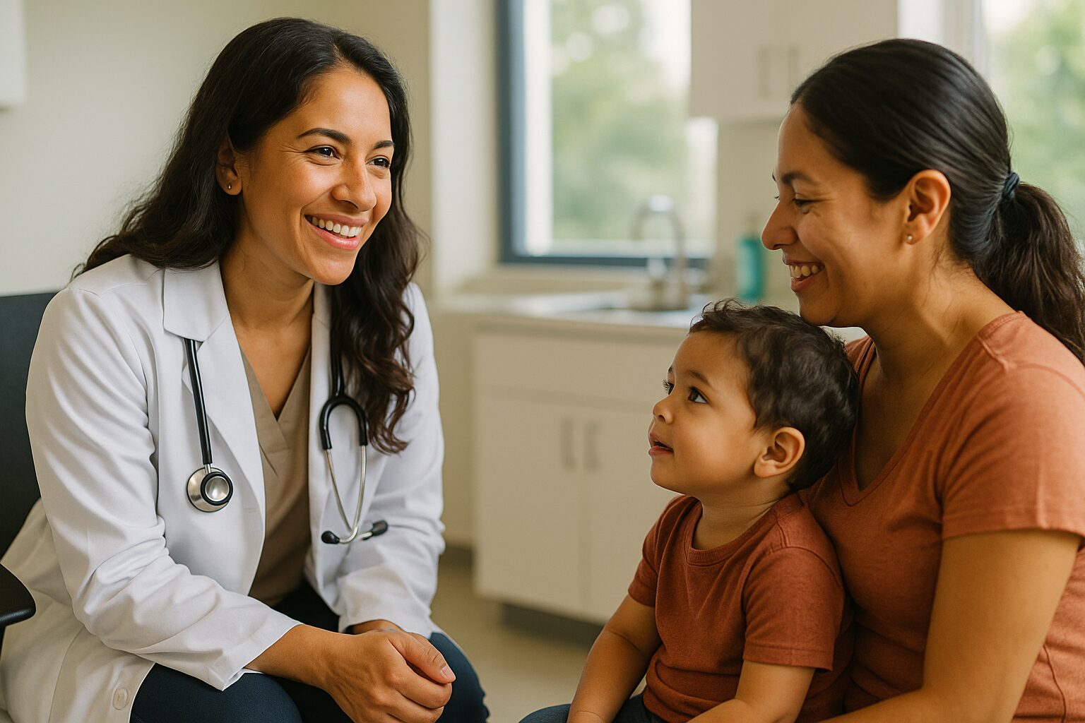 Madre e hijo con su doctora en la clínica
